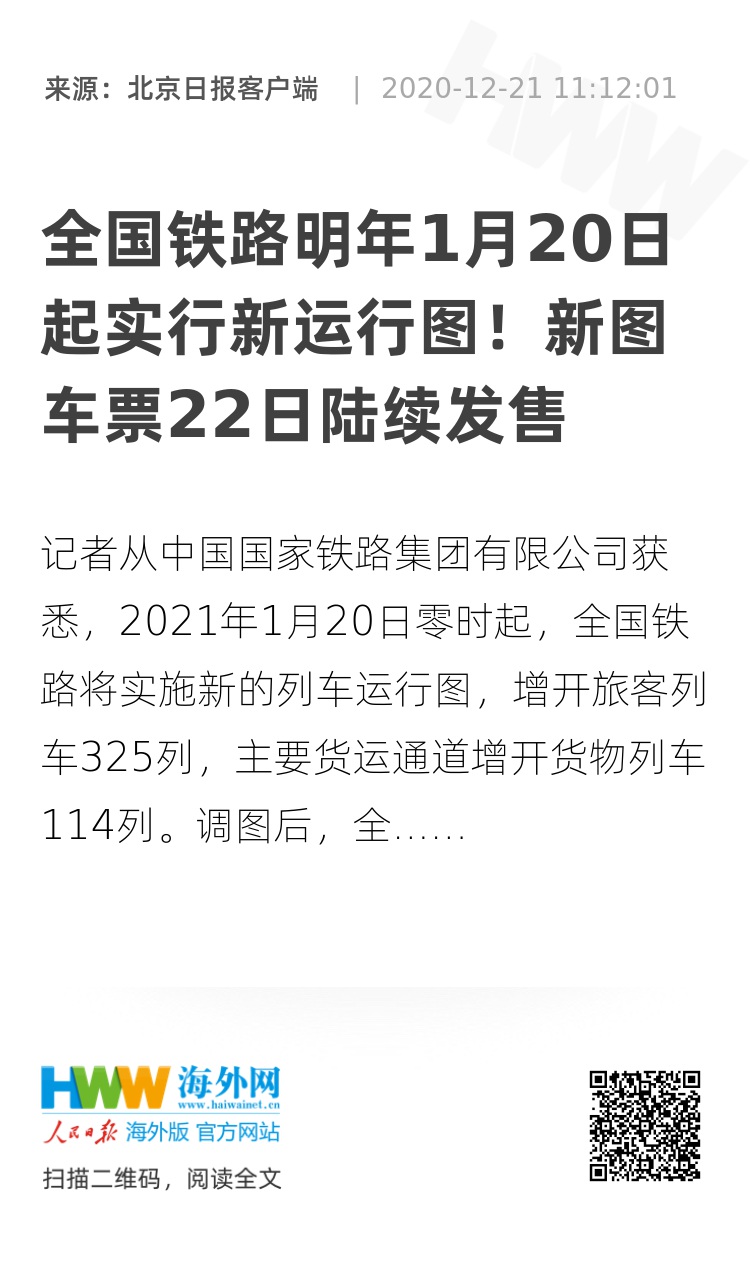 全国铁路明年1月20日起实行新运行图!新图车票22日陆续发售